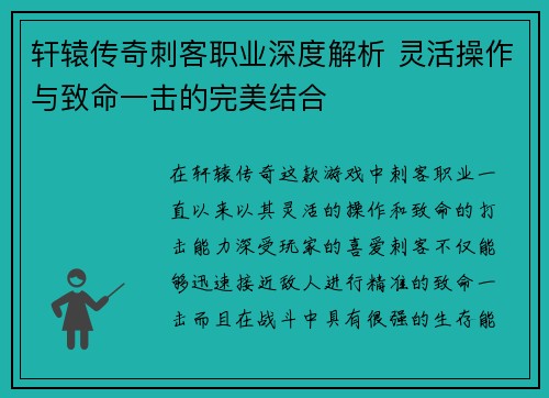轩辕传奇刺客职业深度解析 灵活操作与致命一击的完美结合