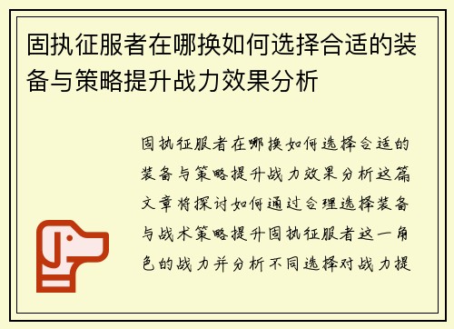 固执征服者在哪换如何选择合适的装备与策略提升战力效果分析